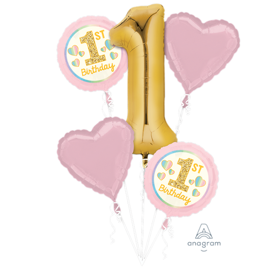 1st Birthday Girl Pink Balloon Bouquet Inflated 5pcs Local Pickup
