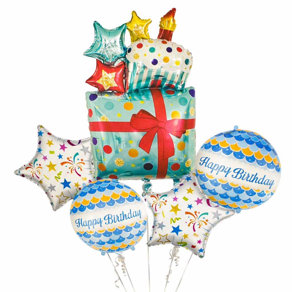 Blue Birthday Present Balloon Bouquet 5pcs Available Inflated For Local Pickup